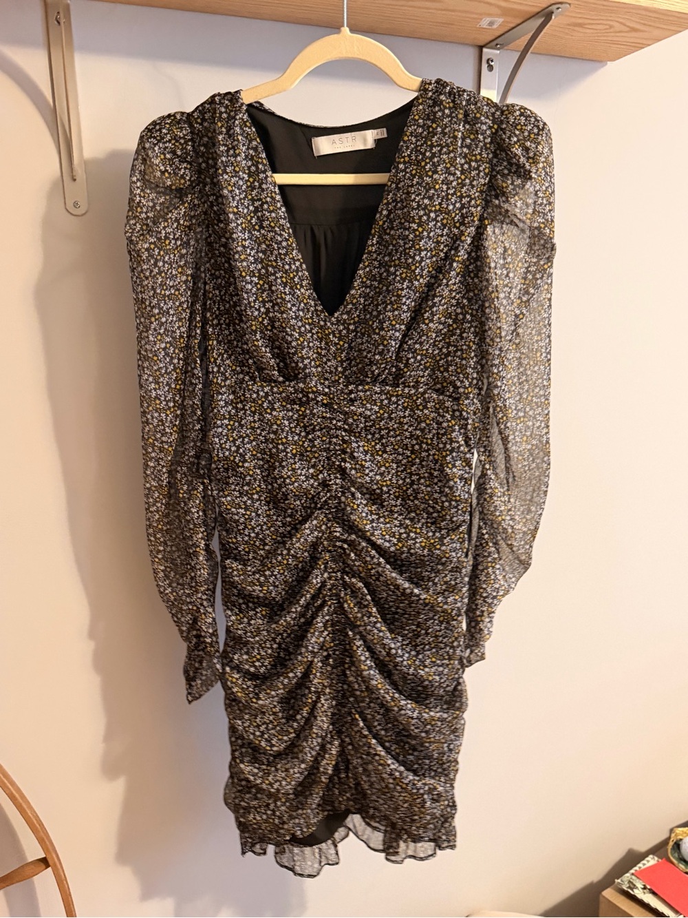 Astr Black Floral Ruched Mini Dress with Yellow & White Flowers
